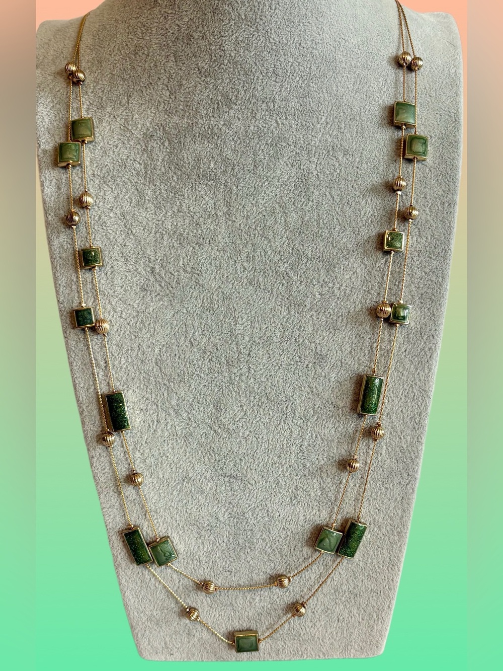 Long Gold-Tone Green Stone Multi-Station Necklace